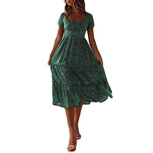 YEBIRAL Damen Sommerkleid Boho Kleider Rüschen Kurzarm Midikleid A-Linie Kleid Elegant Blumenkleid Strandkleider von YEBIRAL