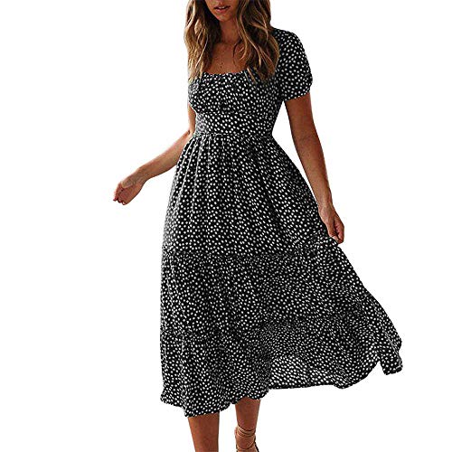 YEBIRAL Damen Sommerkleid Boho Kleider Rüschen Kurzarm Midikleid A-Linie Kleid Elegant Blumenkleid Strandkleider von YEBIRAL