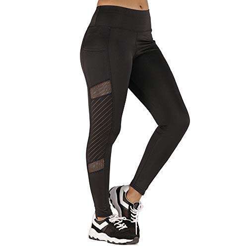 YEBIRAL Damen Sport Leggings mit Taschen, Blickdicht Kompressions Yoga Fitnesshose Sporthose mit Mesh-Einsätzen für Workout Gym Jogging(XL,Schwarz) von YEBIRAL