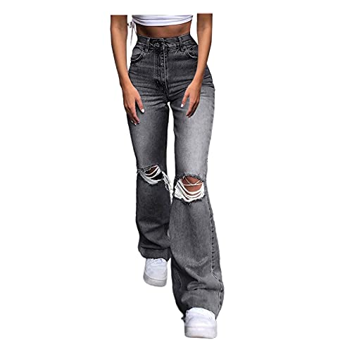 YEBIRAL Damen Stretch Jeans High Waist Löchern Schlaghose Baggy Jeanshose Boyfriend Weite Bein Y2K Mode Schlagjeans Wash Out Denim Hosen von YEBIRAL