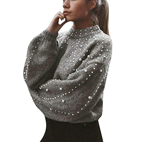 YEBIRAL Damen Strickpullover Elegant Rollkragenpullover Casual Herbst Winter Sweater Langarm Oberteile Pullover mit Perle(S,Grau) von YEBIRAL