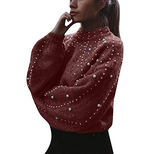 YEBIRAL Damen Strickpullover Elegant Rollkragenpullover Casual Herbst Winter Sweater Langarm Oberteile Pullover mit Perle(S,Rot) von YEBIRAL