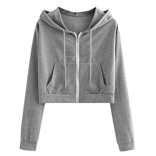 YEBIRAL Damen Sweatjacke, Teenager Mädchen Bauchfrei Kapuzenpullover Langarm Kurz Hoodie Sweatshirt Crop Pullover Tops Kapuzenjacke mit Kordel und Zip (Grau, L) von YEBIRAL