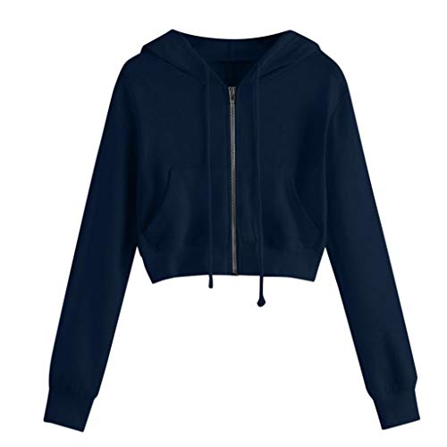 YEBIRAL Damen Sweatjacke, Teenager Mädchen Bauchfrei Kapuzenpullover Langarm Kurz Hoodie Sweatshirt Crop Pullover Tops Kapuzenjacke mit Kordel und Zip (Marine, M) von YEBIRAL