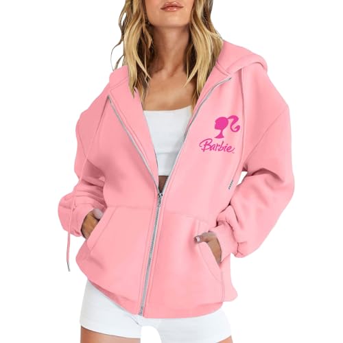 YEBIRAL Damen Sweatjacke Barbie Briefe Drucken Hoodie Langarm Zip Up Kapuzenpullover Pulli Herbst Winter Kapuzenjacke Pullover Casual Sweatshirt Jacke mit Kapuze von YEBIRAL