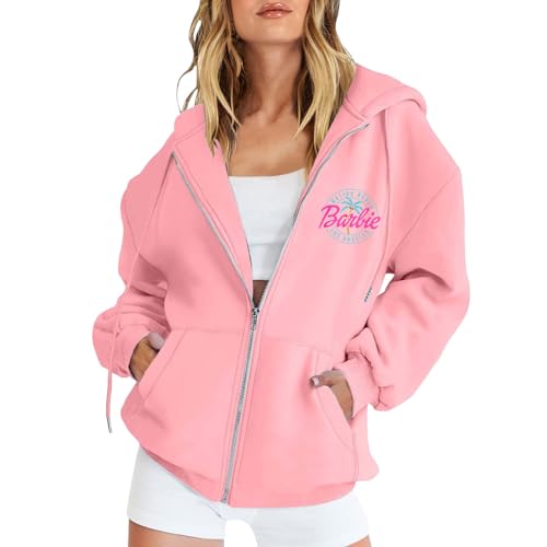 YEBIRAL Damen Sweatjacke Barbie Briefe Drucken Hoodie Langarm Zip Up Kapuzenpullover Pulli Herbst Winter Kapuzenjacke Pullover Casual Sweatshirt Jacke mit Kapuze von YEBIRAL