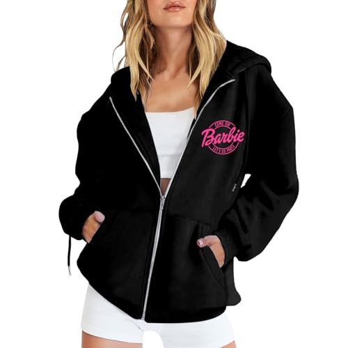 YEBIRAL Damen Sweatjacke Barbie Briefe Drucken Hoodie Langarm Zip Up Kapuzenpullover Pulli Herbst Winter Kapuzenjacke Pullover Casual Sweatshirt Jacke mit Kapuze von YEBIRAL