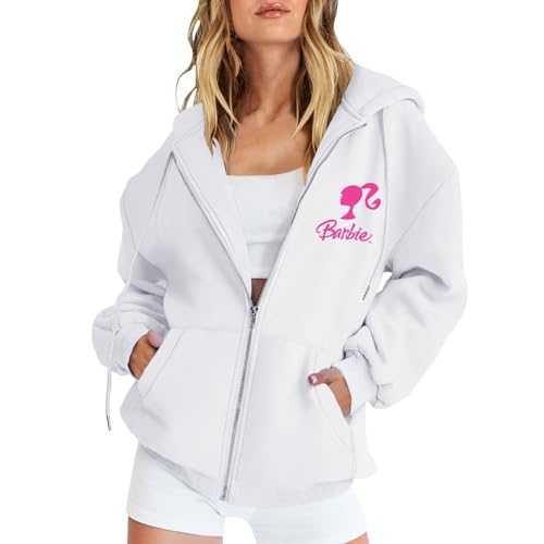 YEBIRAL Damen Sweatjacke Barbie Briefe Drucken Hoodie Langarm Zip Up Kapuzenpullover Pulli Herbst Winter Kapuzenjacke Pullover Casual Sweatshirt Jacke mit Kapuze von YEBIRAL