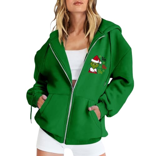 YEBIRAL Damen Sweatjacke Kapuzenpullover Zip Hoodie Grinch Pullover Oversize Casual Kapuzenpulli Lustige 3D Druck Weihnachtspullover Hoody mit Kapuze Sweatshirt Kapuzenjacke von YEBIRAL