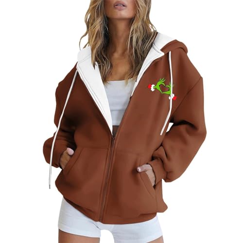 YEBIRAL Damen Sweatjacke Kapuzenpullover Zip Hoodie Grinch Pullover Oversize Casual Kapuzenpulli Lustige 3D Druck Weihnachtspullover Hoody mit Kapuze Sweatshirt Kapuzenjacke von YEBIRAL