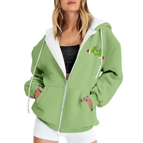 YEBIRAL Damen Sweatjacke Kapuzenpullover Zip Hoodie Grinch Pullover Oversize Casual Kapuzenpulli Lustige 3D Druck Weihnachtspullover Hoody mit Kapuze Sweatshirt Kapuzenjacke von YEBIRAL