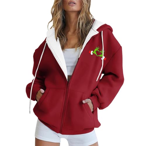 YEBIRAL Damen Sweatjacke Kapuzenpullover Zip Hoodie Grinch Pullover Oversize Casual Kapuzenpulli Lustige 3D Druck Weihnachtspullover Hoody mit Kapuze Sweatshirt Kapuzenjacke von YEBIRAL