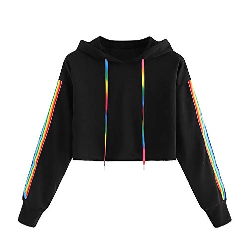 YEBIRAL Damen Sweatshirt, Mädchen Bauchfrei Pullover Streifen Rainbow Pulli Oberteile Mode Sport Crop Tops Casual Kurz Bluse Hoodie Kapuzenpullover(M,Schwarz) von YEBIRAL