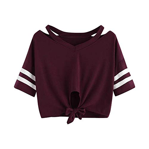 YEBIRAL Damen Sweatshirt, Teenager Mädchen Kurzarm T-Shirt Bauchfrei Oberteil Kurz Sommer Strand Casual Crop Tops V-Ausschnitt Bluse mit Schleife(L,Weinrot) von YEBIRAL