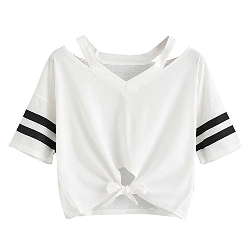 YEBIRAL Damen Sweatshirt, Teenager Mädchen Kurzarm T-Shirt Bauchfrei Oberteil Kurz Sommer Strand Casual Crop Tops V-Ausschnitt Bluse mit Schleife(L,Weiß) von YEBIRAL