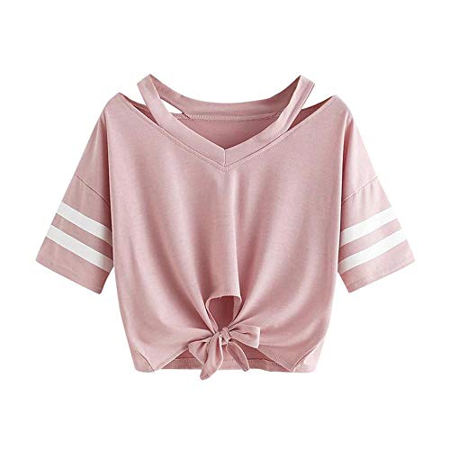 YEBIRAL Damen Sweatshirt, Teenager Mädchen Kurzarm T-Shirt Bauchfrei Oberteil Kurz Sommer Strand Casual Crop Tops V-Ausschnitt Bluse mit Schleife(M,Rosa) von YEBIRAL