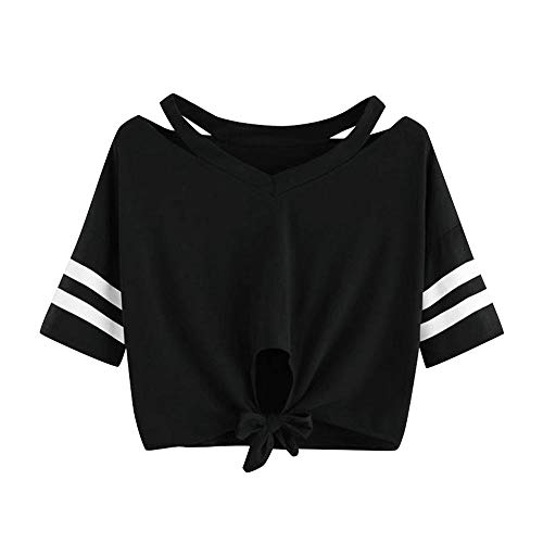 YEBIRAL Damen Sweatshirt, Teenager Mädchen Kurzarm T-Shirt Bauchfrei Oberteil Kurz Sommer Strand Casual Crop Tops V-Ausschnitt Bluse mit Schleife(M,Schwarz) von YEBIRAL