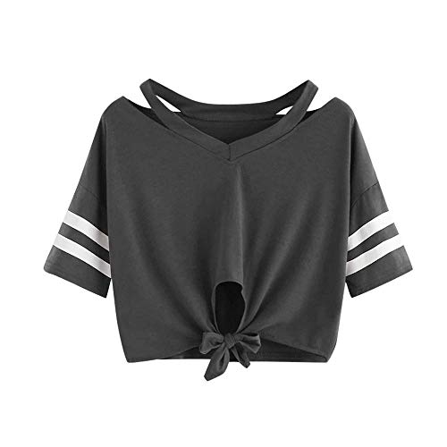 YEBIRAL Damen Sweatshirt, Teenager Mädchen Kurzarm T-Shirt Bauchfrei Oberteil Kurz Sommer Strand Casual Crop Tops V-Ausschnitt Bluse mit Schleife(XXL,Grau) von YEBIRAL