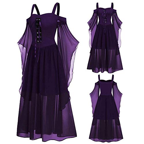 YEBIRAL Damen Übergroßes Mesh Mittelalter Kleid Gothic Maxikleid Schnürkleid mit Schmetterlingsärmeln Renaissance Cosplay Dress Party Festlich A-Linie Halloween Kostüm von YEBIRAL