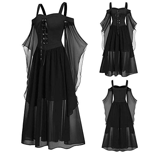 YEBIRAL Damen Übergroßes Mesh Mittelalter Kleid Gothic Maxikleid Schnürkleid mit Schmetterlingsärmeln Renaissance Cosplay Dress Party Festlich A-Linie Halloween Kostüm von YEBIRAL