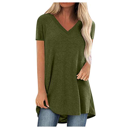 YEBIRAL Damen V-Ausschnitt Sommer Herbst Übergröße Einfarbig Langarm & Kurzarm T-Shirt Bluse Casual Lose Tunika Tops(4XL,Grün) von YEBIRAL