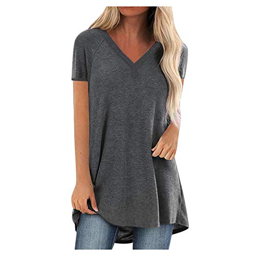 YEBIRAL Damen V-Ausschnitt Sommer Herbst Übergröße Einfarbig Langarm & Kurzarm T-Shirt Bluse Casual Lose Tunika Tops(5XL,Grau) von YEBIRAL