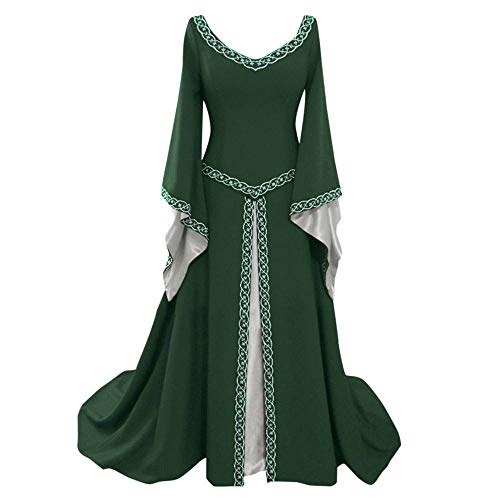 YEBIRAL Damen V-Ausschnitt mit Trompetenärmel Mittelalter Kleid Bodenlangen Cosplay Dress Große Größen Renaissance Maxikleid Halloween Party Kostüm von YEBIRAL