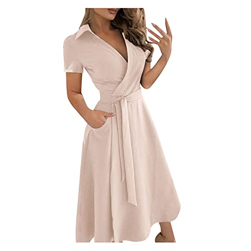 YEBIRAL Damen Wickelkleid A Linien Kurzarm V-Ausschnitt Maxikleid Partykleid Abendkleid Casual Elegant Sommerkleider Freizeitkleid Einfarbig Strandkleid Cocktailkleid mit Taschen von YEBIRAL