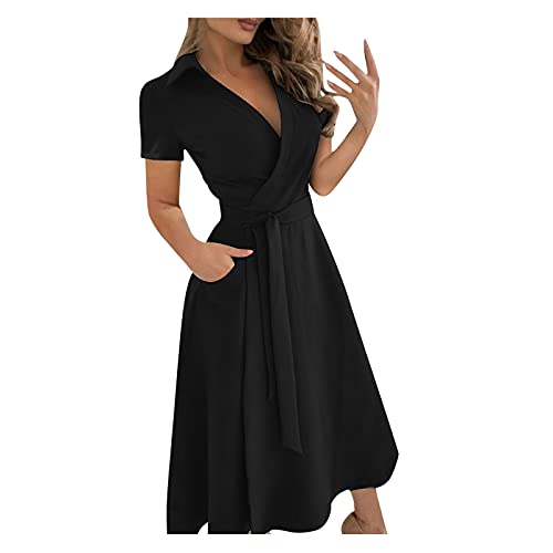 YEBIRAL Damen Wickelkleid A Linien Kurzarm V-Ausschnitt Maxikleid Partykleid Abendkleid Casual Elegant Sommerkleider Freizeitkleid Einfarbig Strandkleid Cocktailkleid mit Taschen von YEBIRAL