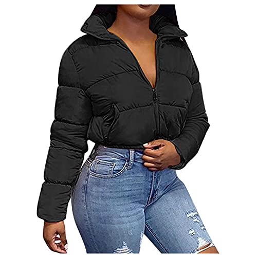 YEBIRAL Damen Winter Puffer Jacke Stehkragen Lässig Kurz Daunenjacke Crop Jacke Winterjacke Mantel Warm Gesteppte Dicke Pufferjacke Casual Steppjacke Bauchfrei von YEBIRAL