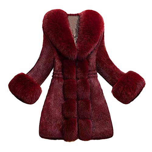 YEBIRAL Damen Wintermantel Elegant Winter Kunstpelz Jacke Warm Outwear Mit Faux Pelz Kragen Felljacke Lang Mantel Winterparka(XXL,Weinrot) von YEBIRAL