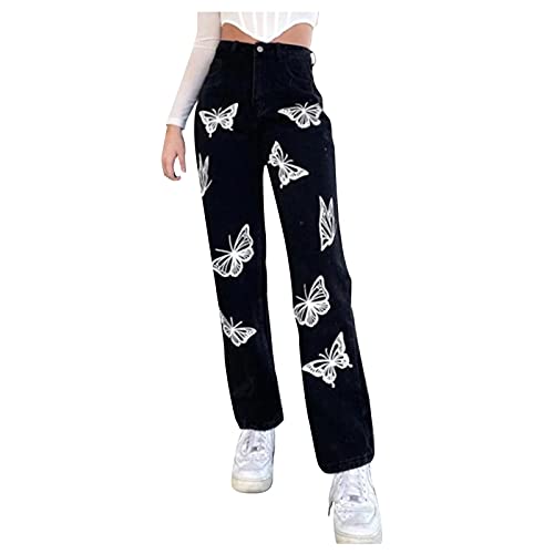 YEBIRAL Damen Y2K Fashion Straight Jeans mit Hohe Taille und Weitem Bein Schmetterling Jeanshose Teenager Mädchen Baggy Boyfriend Denim Jeans Hose YEBIRAL Damen Y2K Fashion Straight Jeans mit Hohe Taille und Weitem Bein Schmetterling Jeanshose Teenager Mädchen Baggy Boyfriend Denim Jeans Hose von YEBIRAL
