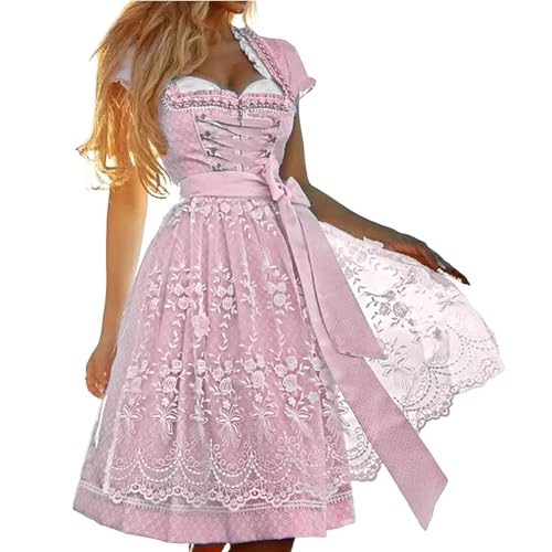 YEBIRAL Dirndl Damen Lang Dirndl Damen Midi Trachtenkleid Schlicht Outfit Trachtenmode Vintage Set Elegant Kostüm Inkl Dirndlschürze Trachtenkleid für pink von YEBIRAL
