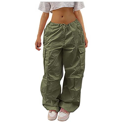 YEBIRAL Fallschirmhose Damen Cargohose Baggy Y2K Weites Bein Hose Vintage Elastische Taille Jogginghose mit Kordelzug Teenager Mädchen Track Pants Streetwear Parachute Pants von YEBIRAL