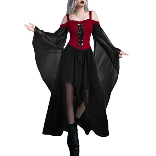 YEBIRAL Gothic Kleidung Damen Halloween Kleid Damen Übergroßes Mesh Mittelalter Kleid Gothic Maxikleid Schnürkleid mit Schmetterlingsärmeln Renaissance Mittelalter kostüm Frauen kurz von YEBIRAL
