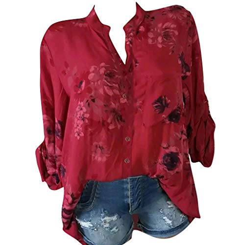 YEBIRAL Große Größe Damen Bluse Kurzarm Oberteil V-Ausschnitt Blumendruck Casual Lose Strand Tunika Tops Mode Pullover Hemdbluse 2019 Sommer Tshirt Neue (V- Rot, EUR-36/CN-M) von YEBIRAL