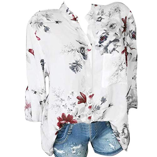 YEBIRAL Große Größe Damen Bluse Kurzarm Oberteil V-Ausschnitt Blumendruck Casual Lose Strand Tunika Tops Mode Pullover Hemdbluse 2019 Sommer Tshirt Neue (V- Weiß, EUR-38/CN-L) von YEBIRAL