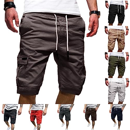 YEBIRAL Herren Cargo Shorts Kurze Hose Cargohose Baumwolle Vintage Casual Sommer Bermuda Stretch Jogginghose Männer mit 6 Taschen Freizeithose Kurze Sporthose Elastische Taille mit Kordelzug von YEBIRAL