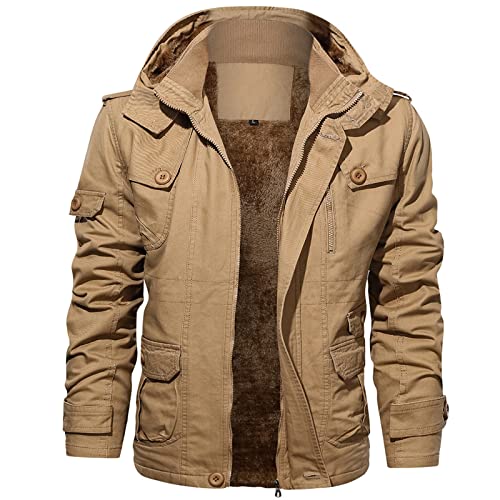 YEBIRAL Herren Fleece Gefüttert Warme Winterjacke Militär Jacke mit Abnehmbarer Kapuze Übergangsjacke Winter Mantel Winterparka Fliegerjacke Stehkragen Bomberjacke Baumwolle Männer Outdoorjacke von YEBIRAL