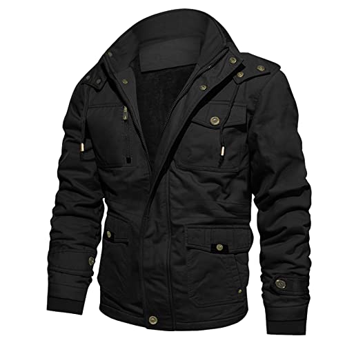 YEBIRAL Herren Fleece Gefüttert Warme Winterjacke Militär Jacke mit Abnehmbarer Kapuze Übergangsjacke Winter Mantel Winterparka Fliegerjacke Stehkragen Bomberjacke Baumwolle Männer Outdoorjacke von YEBIRAL