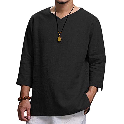 YEBIRAL Herren Hemd Kurzarm 3/4 Lang Leinen Sommerhemd Herren Regular Fit Atmungsaktiv Leinenhemd Bequem Einfarbig Freizeithemd Lässig Frühling Langarmshirt(3XL,Schwarz) von YEBIRAL