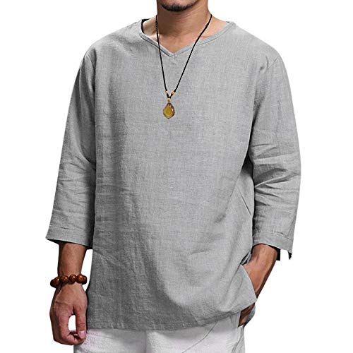 YEBIRAL Herren Hemd Kurzarm 3/4 Lang Leinen Sommerhemd Herren Regular Fit Atmungsaktiv Leinenhemd Bequem Einfarbig Freizeithemd Lässig Frühling Langarmshirt(XXL,Grau) von YEBIRAL