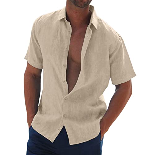 YEBIRAL Herren Hemd Kurzarm Leinenhemd Baumwolle Leinen Sommerhemd Button Down Hemd Regular Fit Einfarbig Basic Shirt Buissness Freizeithemd Männer Tops von YEBIRAL