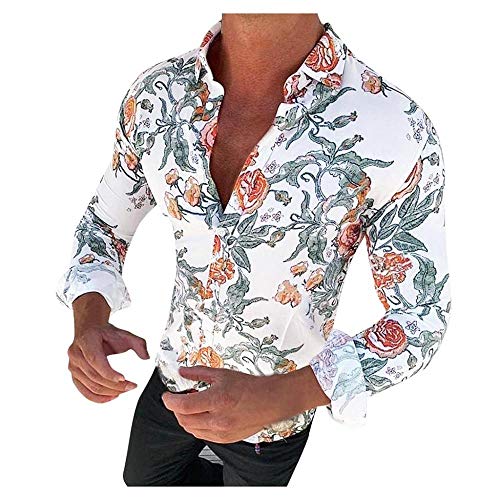 YEBIRAL Herren Hemd Slim Fit Langarm Blumen 3D Gedruckt Freizeithemd Button Down Shirt tailliert figurbetont Party Strandurlaub Hawaiihemd(L,Weiß) von YEBIRAL