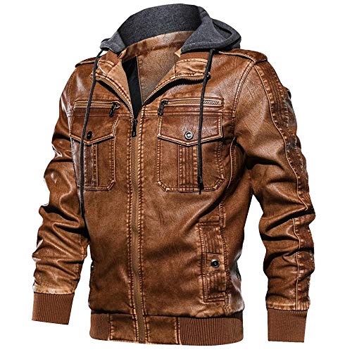 YEBIRAL Herren Jacke Mit Kapuze Kunst- Lederjacke Bikerjacke Biker Übergangsjacke Abnehmbare Hoodie von YEBIRAL