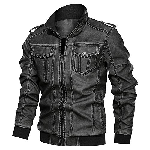 YEBIRAL Herren Jacke Übergangsjacke Kunstlederjacke Bikerjacke Biker Multi Taschen Cargojacke Winterjacke Slim Fit von YEBIRAL