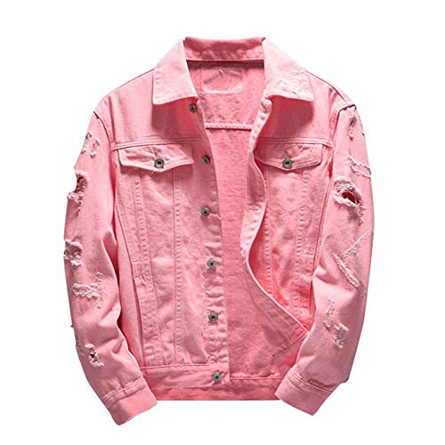 YEBIRAL Herren Jeansjacke Ripped Denim Jacket - Oversize Destroyed Look Jacke - Schwarz, Rosa, Rot, Weiß von YEBIRAL