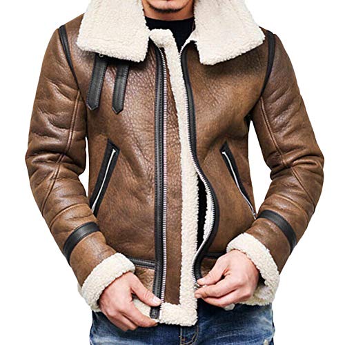 YEBIRAL Herren Lederjacke Winterjacke Dicke Warme Revers Kunstlederjacke Übergangsjacke Kunstleder gefütterter Vintage Jacke von YEBIRAL