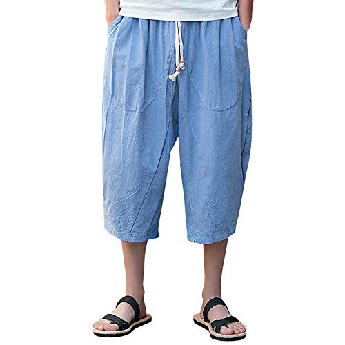 YEBIRAL Herren Leinenshorts 3/4 Kurze Leinenhose Freizeithose Sommer Haremshose In Leinen-Optik Aus 100% Baumwolle(4XL,Azure Blue) von YEBIRAL