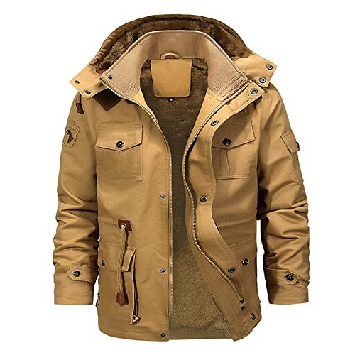 YEBIRAL Herren Warm Fleece Gefüttert Jacke Winterjacke Militär Jacke Übergangsjacke Stehkragen Fliegerjacke Winter Mantel Arbeitsjacke Multi Taschen Outdoorjacke mit Abnehmbarer Kapuze von YEBIRAL